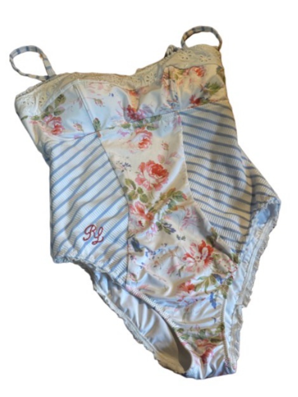 Polo by Ralph Lauren Floral & Light Blue Stripe One-Piece Swimsuit
